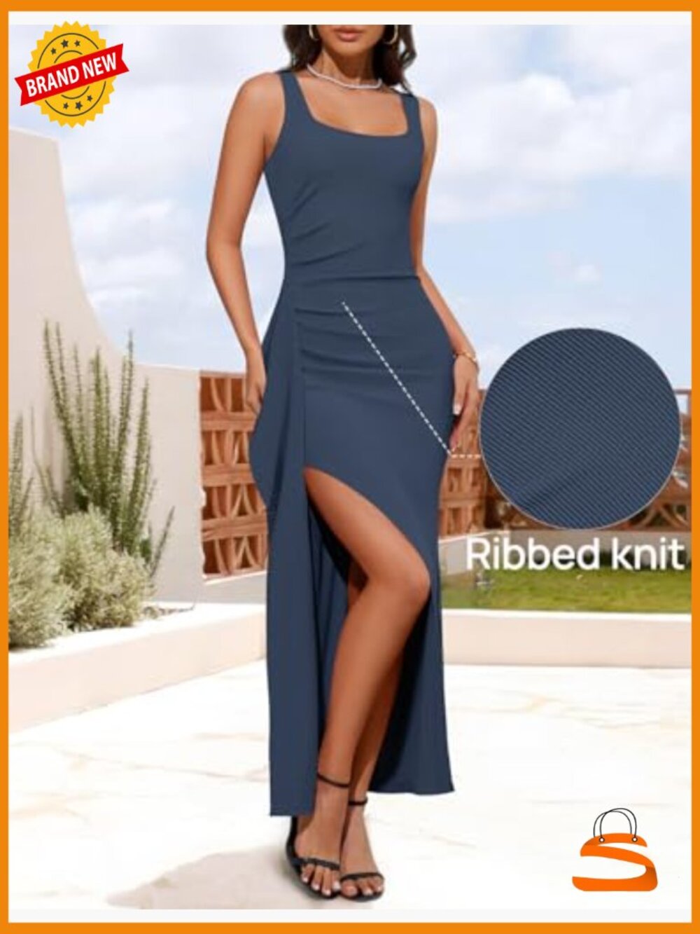 Sleeveless Square Neck Ribbed Bodycon Maxi Dress with High Slit - Picture 4 of 7